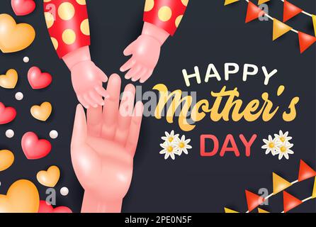 Bonne fête des mères, 3D vecteur de mains de mère et de bébé avec amour et ornements de fleur Illustration de Vecteur