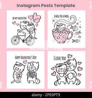 VALENTINE POSTES Cartoon social Media Templates carrés cadres Happy Loving Cats main Fly Rouge coeurs félicitant texte dessiné à la main Vector Illu Illustration de Vecteur