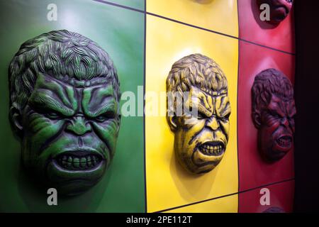 Khabarovsk, Russia - May 1, 2017: Hulk face colorful wall decoration at an amusement park. Comics character angry portrait in green, yellow and red co Stock Photo