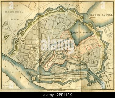 Europa, Deutschland, Hamburg, Stadtplan von Hamburg im Jahre 1842 mit Kennzeichnung der Brandstätten des Hamburger Brandes, aus : ' Die Unglückstage Hamburgs im Jahre 1842 Bucheine Schilderung der Lejener Stadt während der Belung im Jahre 1813 ' , Albrecht im Jahre = Weimar , Weimar , Hof En commission BEI A. Wienbrack à Leipzig , 1842. / Europe, Allemagne, Hambourg, carte de Hambourg 1842 avec la zone marquée du Grand incendie à Hambourg , du livre : Die Unglückstage Hamburgs im Jahre 1842. Eine Schilderung der Leiden jener Stadt während der Belagung im Jah Banque D'Images