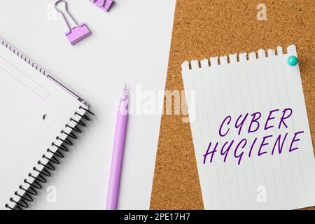 Affiche indiquant l'hygiène cybernétique. Présentation de l'entreprise étapes que les utilisateurs d'ordinateurs prennent pour améliorer leur cyber-sécurité Banque D'Images
