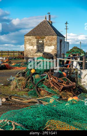 Filets et équipements de pêche, Maryport, Cumbria, Royaume-Uni Banque D'Images