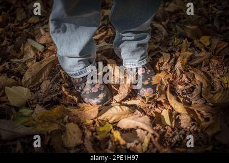 Feuilles d'automne couvrant le sol avec les jambes et les pieds d'un enfant en vue portant des jeans bleus et des bottes décorées de fleurs Banque D'Images