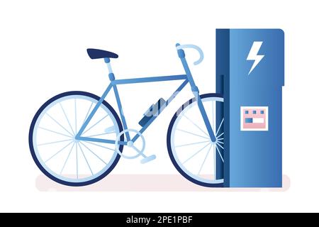 Vélo électrique moderne et station de charge. Concept de technologie verte. Véhicule écologique dans un style tendance. Isolé sur fond blanc. Vecteur plat illustre Illustration de Vecteur