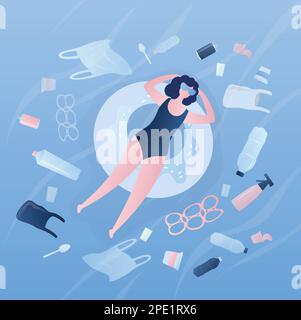 Déchets de plastique et divers déchets dans l'eau de mer. Une femme flotte sur un anneau en caoutchouc dans de l'eau sale. Contexte du concept d'écologie. Illustration vectorielle de style tendance Illustration de Vecteur