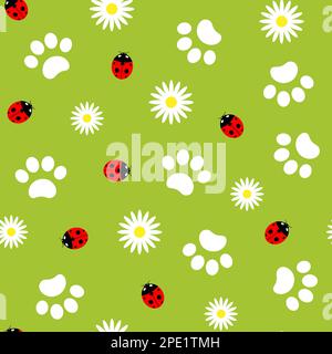 Paws animal avec coccinelle sur fond vert été naturel sans couture motif. Illustration de Vecteur