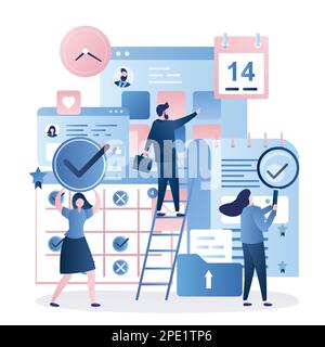 Affiches et icônes d'affaires. Planificateur quotidien de jour de bureau et d'affaires. Calendrier et liste des tâches. Les hommes d'affaires et les horaires sont importants. Gestion du temps et teamw Illustration de Vecteur