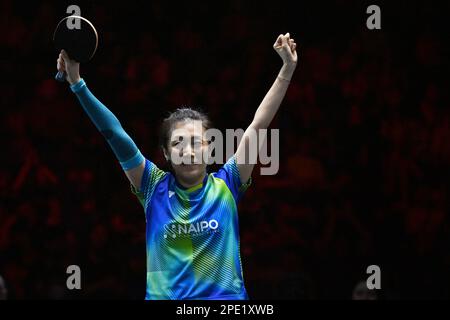 Singapour. 15th mars 2023. Han Ying, d'Allemagne, célèbre la victoire du match féminin de 16 contre Chen Xingtong, de Chine, au World Table tennis (WTT) Singapore Smash à Singapour sur 15 mars 2023. Crédit: Puis Chih Wey/Xinhua/Alay Live News Banque D'Images