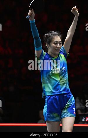 Singapour. 15th mars 2023. Han Ying, d'Allemagne, célèbre la victoire du match féminin de 16 contre Chen Xingtong, de Chine, au World Table tennis (WTT) Singapore Smash à Singapour sur 15 mars 2023. Crédit: Puis Chih Wey/Xinhua/Alay Live News Banque D'Images