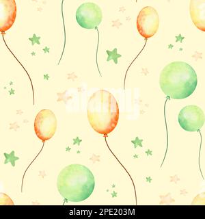 Ballons d'air chaud à motif de dessin animé sans couture aquarelle. Peint à la main sur fond blanc. Pour la conception, les impressions, le tissu ou l'arrière-plan. Banque D'Images