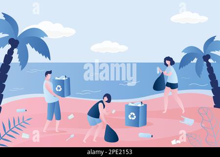 Des bénévoles nettoient les ordures sur la plage. Bénévolat, homme et femme ramassant des déchets sur la côte ou en bord de mer. Illustration vectorielle de style tendance Illustration de Vecteur
