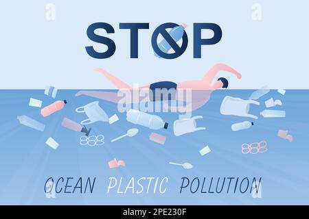 Déchets de plastique et divers déchets dans l'eau de mer. Homme nageant dans l'eau sale. Arrêter la pollution plastique de l'océan texte. Contexte du concept d'écologie. Tendance Illustration de Vecteur