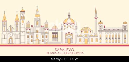 Caricature Panorama par Skyline de la ville de Sarajevo, Bosnie-Herzégovine - illustration vectorielle Illustration de Vecteur