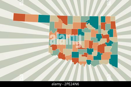 Oklahoma carte. Affiche avec carte de l'état américain dans la palette de couleurs rétro. Forme de l'Oklahoma avec fond de rayons de soleil. Illustration vectorielle. Illustration de Vecteur