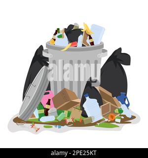 Poubelle métallique avec piles de déchets. Déchets et sacs sales sur le sol. Isolé sur fond blanc. Illustration vectorielle de dessin animé Illustration de Vecteur