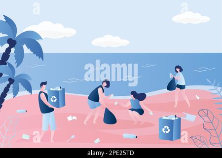 Des bénévoles nettoient les ordures sur la plage. Bénévolat, homme et femme ramassant des déchets sur la côte ou en bord de mer. Illustration vectorielle de style tendance Illustration de Vecteur