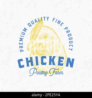 Style risographe poulet produits de viande ferme Retro badge logo modèle. Esquisse de face d'oiseau dessinée à la main avec Typographie rétro. Esquisse de steaks de volaille vintage Illustration de Vecteur