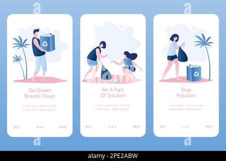 Des bénévoles nettoient les ordures sur la plage. Bénévolat, homme et femmes collectant des déchets. Modèle de trois bannières pour application mobile. Branché s Illustration de Vecteur