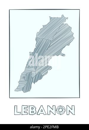 Carte de croquis du Liban. Carte du pays en échelle de gris dessinée à la main. Zones remplies avec des bandes de haches. Illustration vectorielle. Illustration de Vecteur