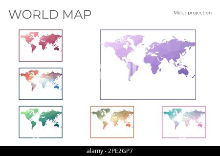 Jeu de cartes à faible Poly World. Projection cylindrique Miller. Collection de cartes du monde en style géométrique. Illustration vectorielle. Illustration de Vecteur