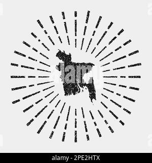Carte d'époque du Bangladesh. Grunge soleil a éclaté dans tout le pays. Forme noire du Bangladesh avec rayons de soleil sur fond blanc. Illustration vectorielle. Illustration de Vecteur