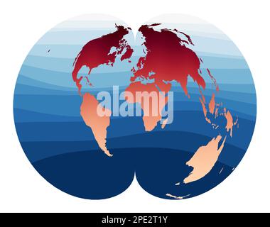 Vecteur de carte du monde. Projection polyconique américaine. Monde en dégradé rouge-orange sur les vagues bleu profond de l'océan. Illustration vectorielle soignée. Illustration de Vecteur