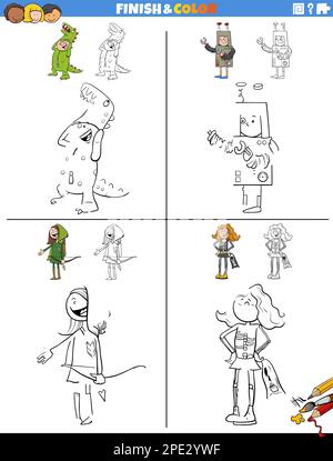 Illustration de dessin et de coloriage de feuilles de travail éducatives ensemble avec des enfants ou des adolescents caractères dans des costumes de partie Illustration de Vecteur