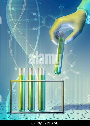 Le personnel du laboratoire interagit avec certains flacons de produits chimiques. Illustration numérique. Banque D'Images