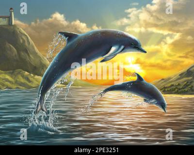 Deux dauphins sautant hors de la mer au-dessus d'un beau coucher de soleil. Peinture numérique. Banque D'Images