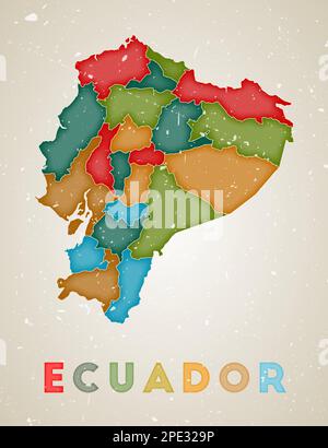 Carte de l'Équateur. Affiche pays avec régions de couleur. Ancienne texture de grunge. Illustration vectorielle de l'Équateur avec le nom du pays. Illustration de Vecteur