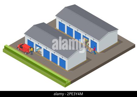 Extérieur isométrique d'une salle de rangement moderne pour un entrepôt d'appareils électroménagers, lampes, fauteuils, boîtes, bicyclettes et autres choses. Entrepôt de Illustration de Vecteur