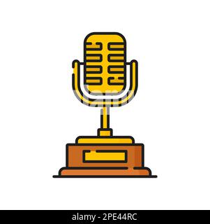 Équipement radio avec microphone, icône de trophée Golden Line Award. Outil de chant vectoriel ou de discussion d'or, récompense. Micro pour chanteur ou périphérique de concert de premier plan Illustration de Vecteur