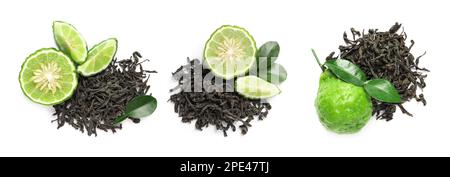 Décor avec feuilles de thé sèches et fruits bergamote sur fond blanc, vue du dessus. Bannière Banque D'Images