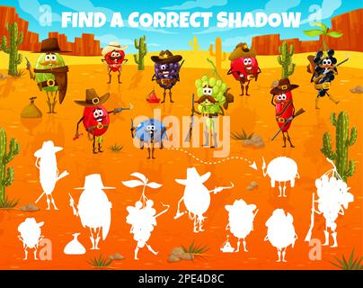 Trouvez l'ombre correcte, la bande dessinée Wild West Berry ranger, cowboy et bandit personnages, le quiz vectoriel. Jeu de puzzle Shadow Matching avec blackberry shérif, b Illustration de Vecteur