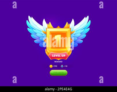 Badge de niveau supérieur, rang de récompense de jeu UI ou récompense de médaille bonus, trophée vectoriel avec ailes. Passez au niveau supérieur le prix d'or dans le jeu vidéo d'arcade pour les meilleurs joueurs de niveau Illustration de Vecteur