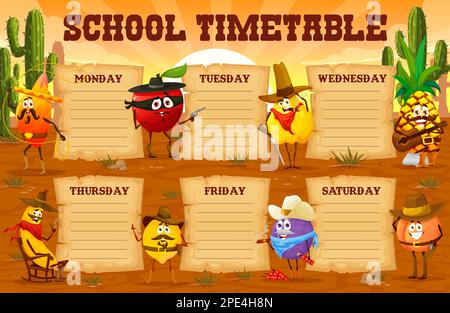 Calendrier, cowboy de fruits de dessin animé, rangeur, shérif et personnages de robber. Modèle de vecteur de table de temps d'école d'éducation avec mangue drôle, pomme, Illustration de Vecteur