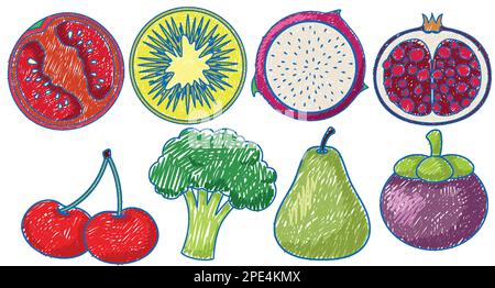 Illustration de style simple pour les fruits et légumes en couleur crayon Illustration de Vecteur