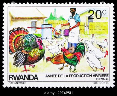 MOSCOU, RUSSIE - 17 FÉVRIER 2023 : timbre-poste imprimé au Rwanda montre du poulet (Gallus gallus domestica), de la dinde (Meleagris gallopavo domesticus), Banque D'Images