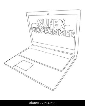 Une ligne continue d'ordinateur portable avec mot Super Programmer. Concept de vecteur d'illustration à trait fin. Dessin de contour idées créatives. Illustration de Vecteur