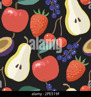 Motif sans couture avec fruits de jardin mûrs juteux, pommes, cerises et poires. Illustration vectorielle dessinée à la main. Illustration de Vecteur