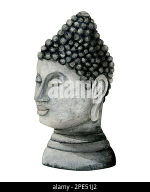Buste de statue de tête de Bouddha d'aquarelle, élément de méditation dessiné à la main pour le yoga et l'aromathérapie conceptions isolées sur fond blanc Banque D'Images