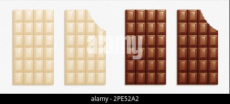 Barres de chocolat noir et blanc avec en-cas. Chocolat au lait sucré avec motif de carreaux dans la vue du dessus isolé sur fond transparent, illustration réaliste vectorielle Illustration de Vecteur