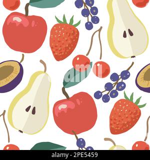 Motif sans couture avec fruits de jardin mûrs juteux, pommes, cerises et poires. Illustration vectorielle dessinée à la main. Illustration de Vecteur