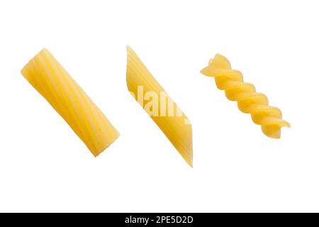 Rigatoni, Pennette et fusilli comme fond de pâtes unique Banque D'Images