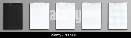 Carnets, blocs-notes en papier avec classeurs en spirale et couverture noire. Modèle de journal ou bloc vierge avec des pages blanches pour l'éducation scolaire, le bureau, le planificateur ou le carnet de croquis, illustration réaliste de vecteur Illustration de Vecteur