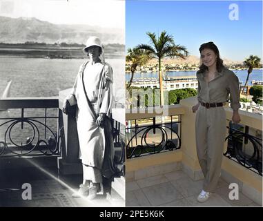 Cette image combinée combine une image d'archive distribuée par le Palais royal belge de la reine Elisabeth de Belgique en 1930 avec une photo de la princesse de couronne Elisabeth en 2023, lors d'une visite au Palais d'hiver, le deuxième jour d'une visite royale en Égypte, Du 14 au 16 mars, à Louxor, Egypte, mercredi 15 mars 2023. La princesse de la Couronne et sa mère dans le pays pour un voyage officiel de trois jours. Ils entreprennent le même voyage en Égypte que la reine Elisabeth (l'épouse du roi Albert I) et son fils Léopold - plus tard le roi Léopold III - ont fait il y a exactement 100 ans. BELGA PHOTO ERIC LALMAND Banque D'Images