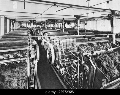 Machines à carder à l'usine de John Edward Crowther Ltd., Marsden, West Yorkshire, c1933. Le cardage est un processus mécanique qui disentangles, nettoie et intermélange les fibres pour produire une bande continue ou un sliver adapté au traitement ultérieur. Banque D'Images