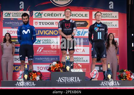 Laigueglia, Piémont, Italie. 15th mars 2023. Le gagnant de Milano - Torino 2023 Arvid de kleijn de l'équipe Pro Cycling de Tudor avec Fernando gaviria de l'équipe Movistar (2nd positions), Casper van Uden de l'équipe DSM (Credit image: © Matteo Secci/ZUMA Press Wire) USAGE ÉDITORIAL SEULEMENT! Non destiné À un usage commercial ! Banque D'Images