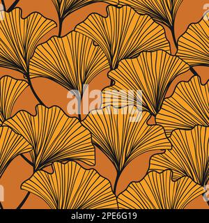 Motif fleuri sans couture avec feuilles de ginkgo biloba. Fleurs d'art sur fond de couleur. Feuille de sceleton décorative. Illustration vectorielle dessinée à la main. Minimale Illustration de Vecteur