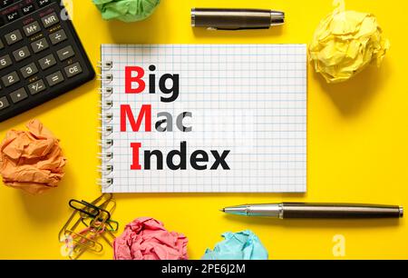 BMI gros symbole d'index mac. Concept mots BMI Big mac index sur note blanche sur fond jaune magnifique. Stylo noir. Calculatrice. L'entreprise et l'IMC sont importants Banque D'Images